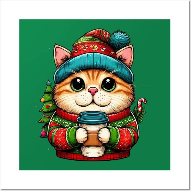 I Love Coffee Christmas And Cats, Cat And Coffee Wall Art by BukovskyART